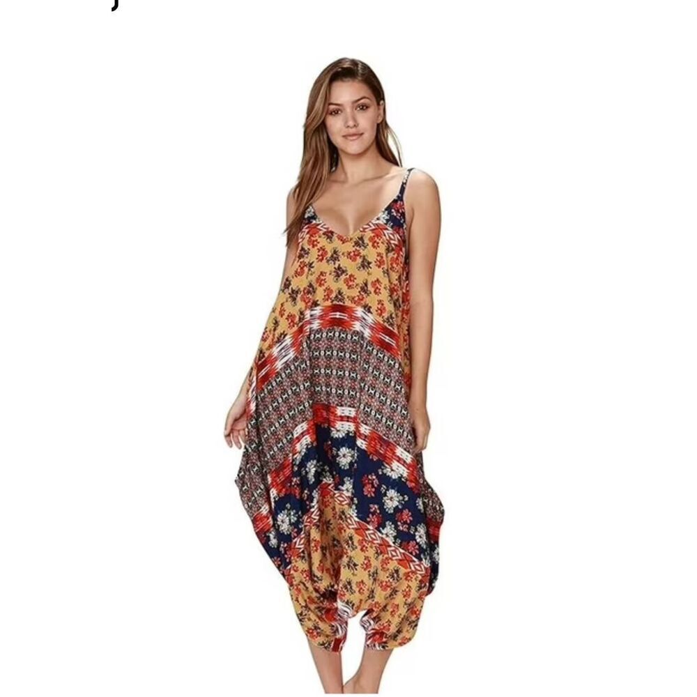 Ingear Resort Harem Jumpsuit L/XL Boho Wide Leg Romper Pockets Patchwork